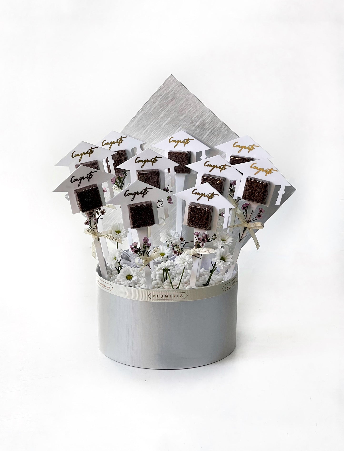 Elegant Graduation Gift Box with Chocolate and White Flowers
