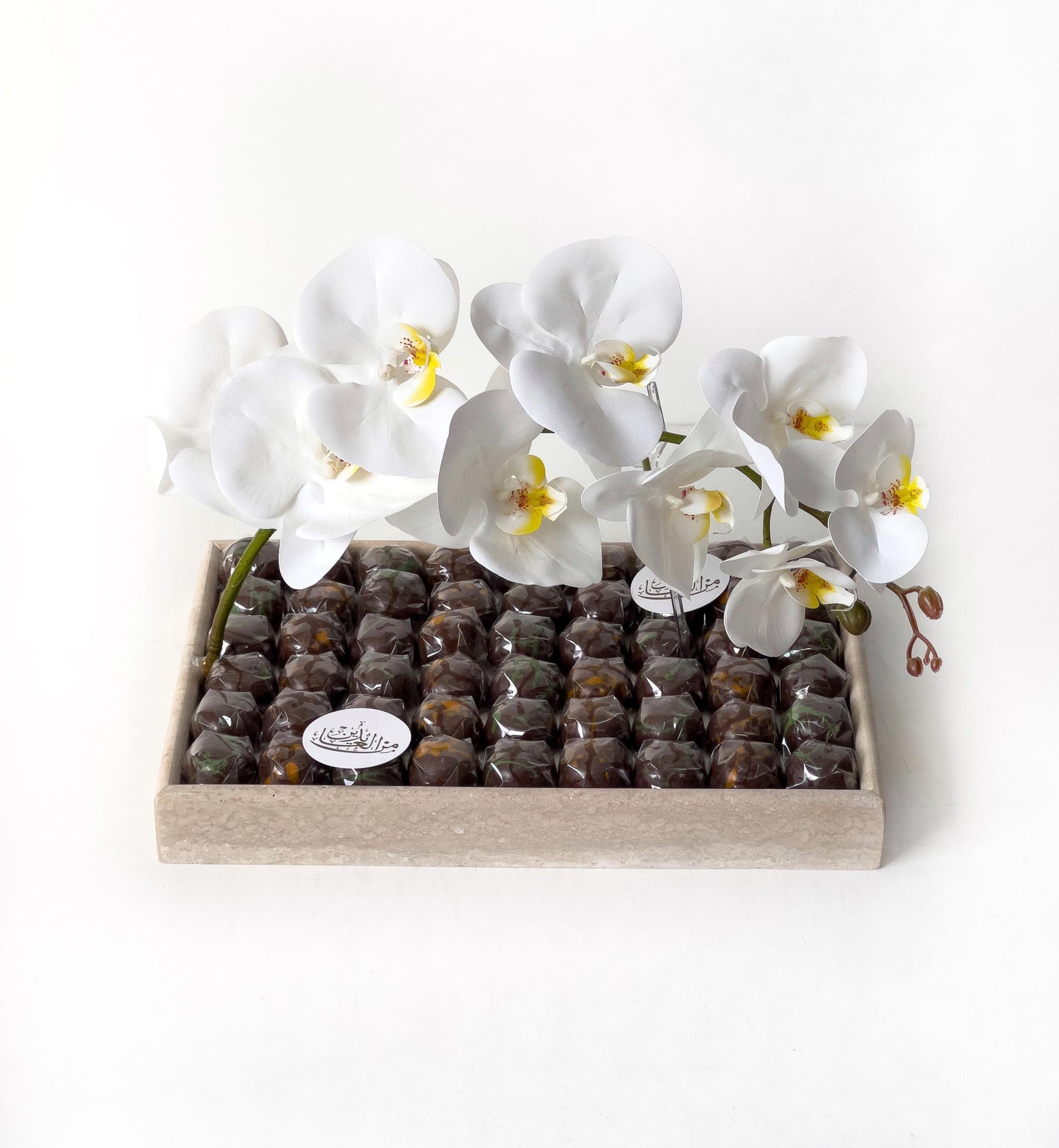 Luxury Travertine Eid Tray – Artificial Flowers & Assorted Chocolates by Plumeria