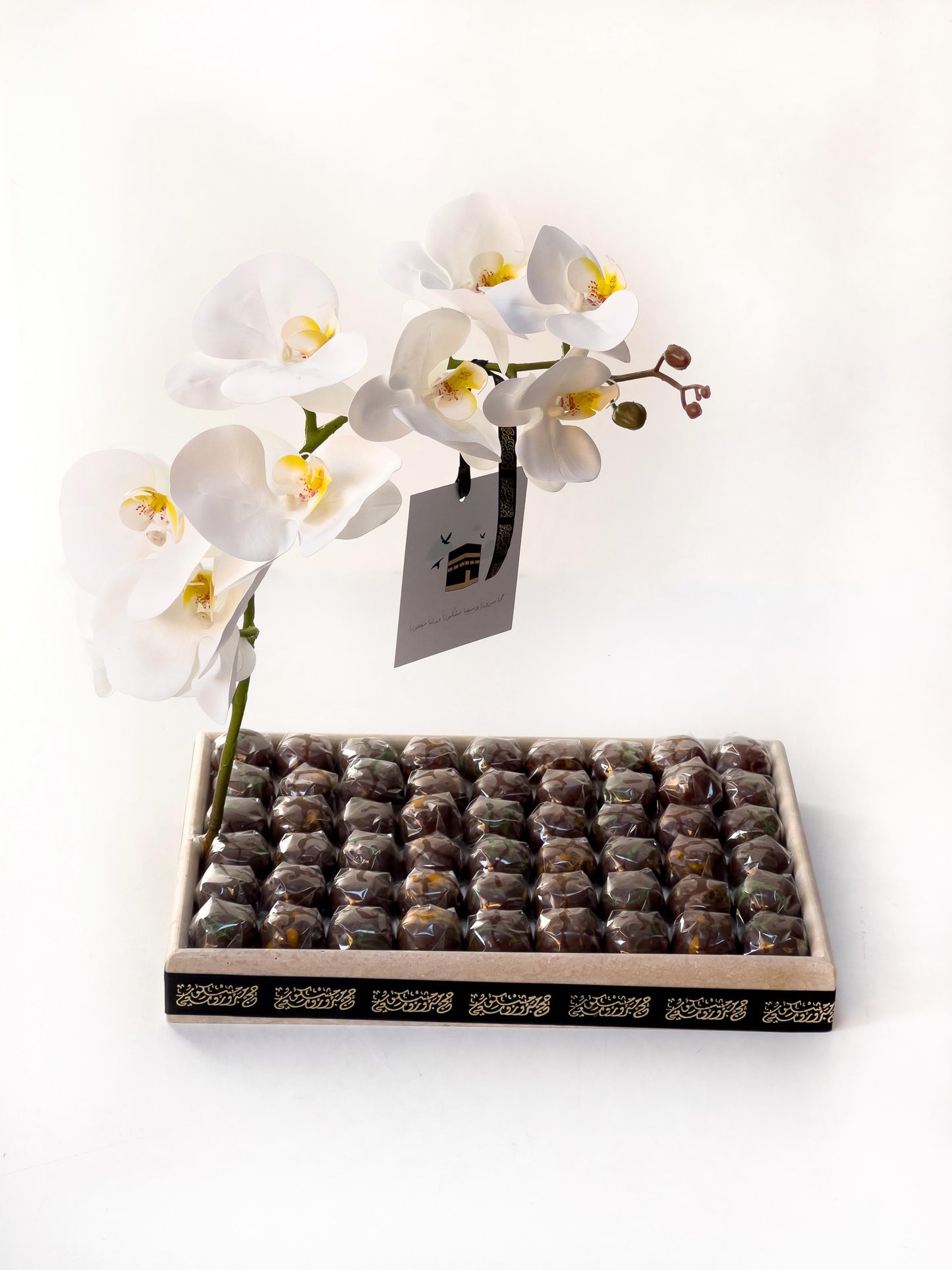 Travertine Tray with Artificial Flowers & Chocolate – Hajj Gift