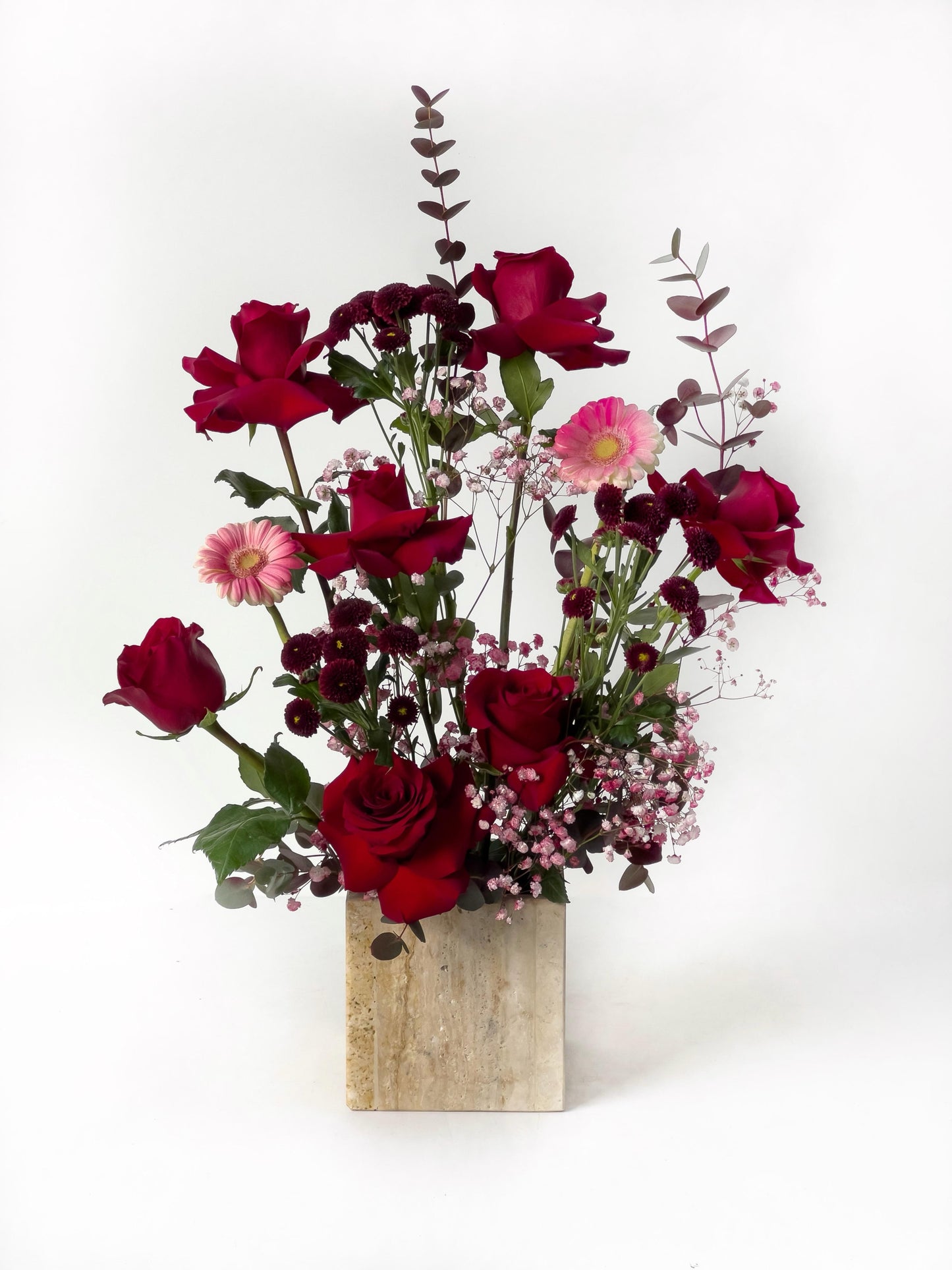 Travertine Stone Vase with Elegant Red Fresh Flowers