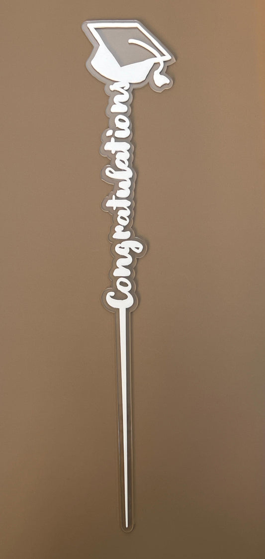 White “Congratulations” Vertical Graduation Topper with Cap – by Plumeria