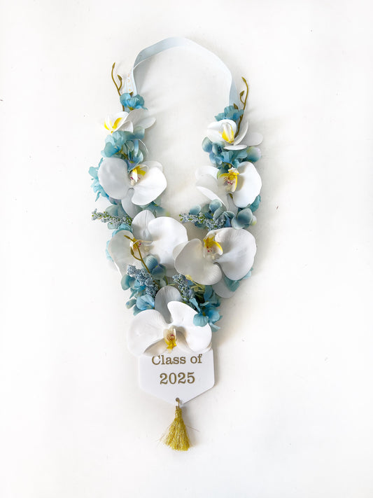 Graduation Lei 2025 – White & Blue Artificial Flowers by Plumeria