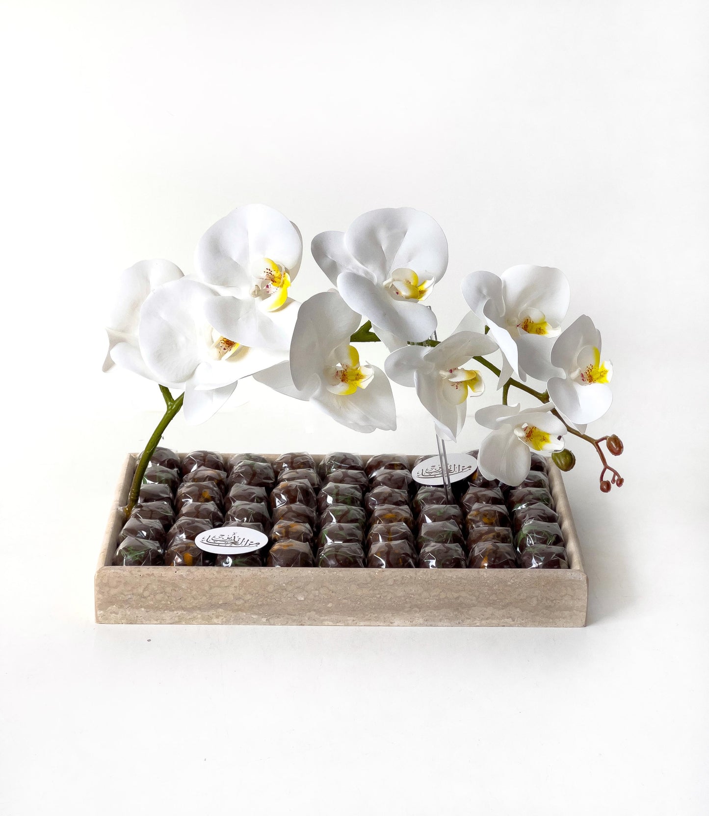 Luxury Travertine Eid Tray – Artificial Flowers & Assorted Chocolates by Plumeria