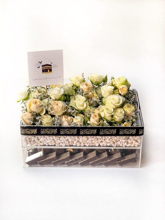 Elegant Hajj Gift Box with Fresh Flowers & Premium Chocolate