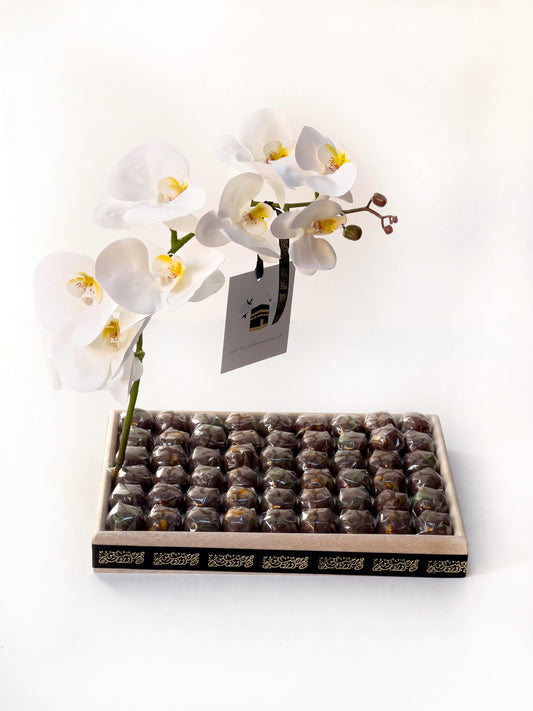Travertine Tray with Artificial Flowers & Chocolate – Hajj Gift