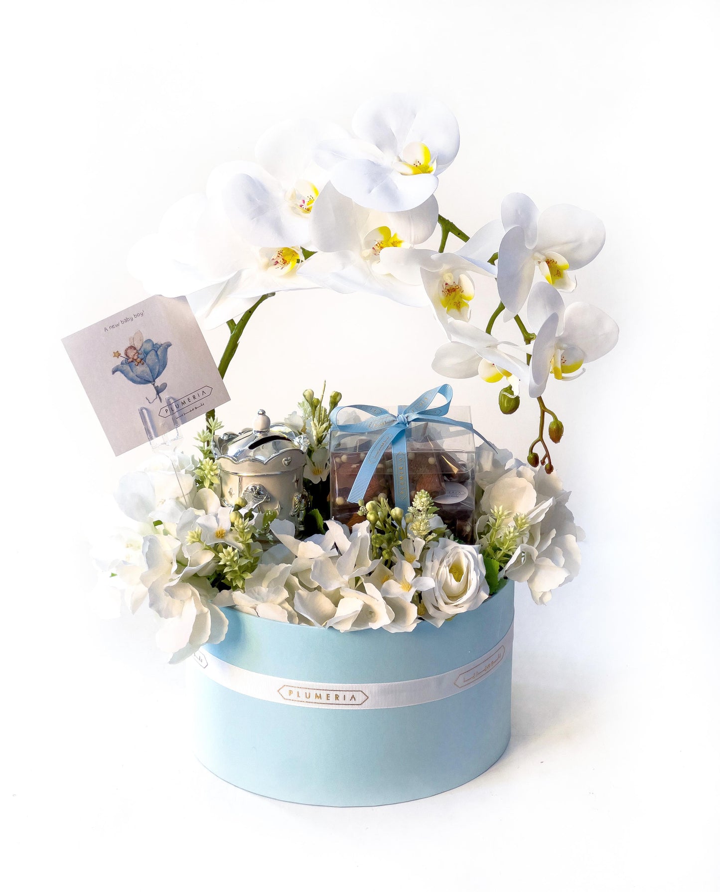 Artificial Flowers & Luxury Chocolate Arrangement for Baby Boy