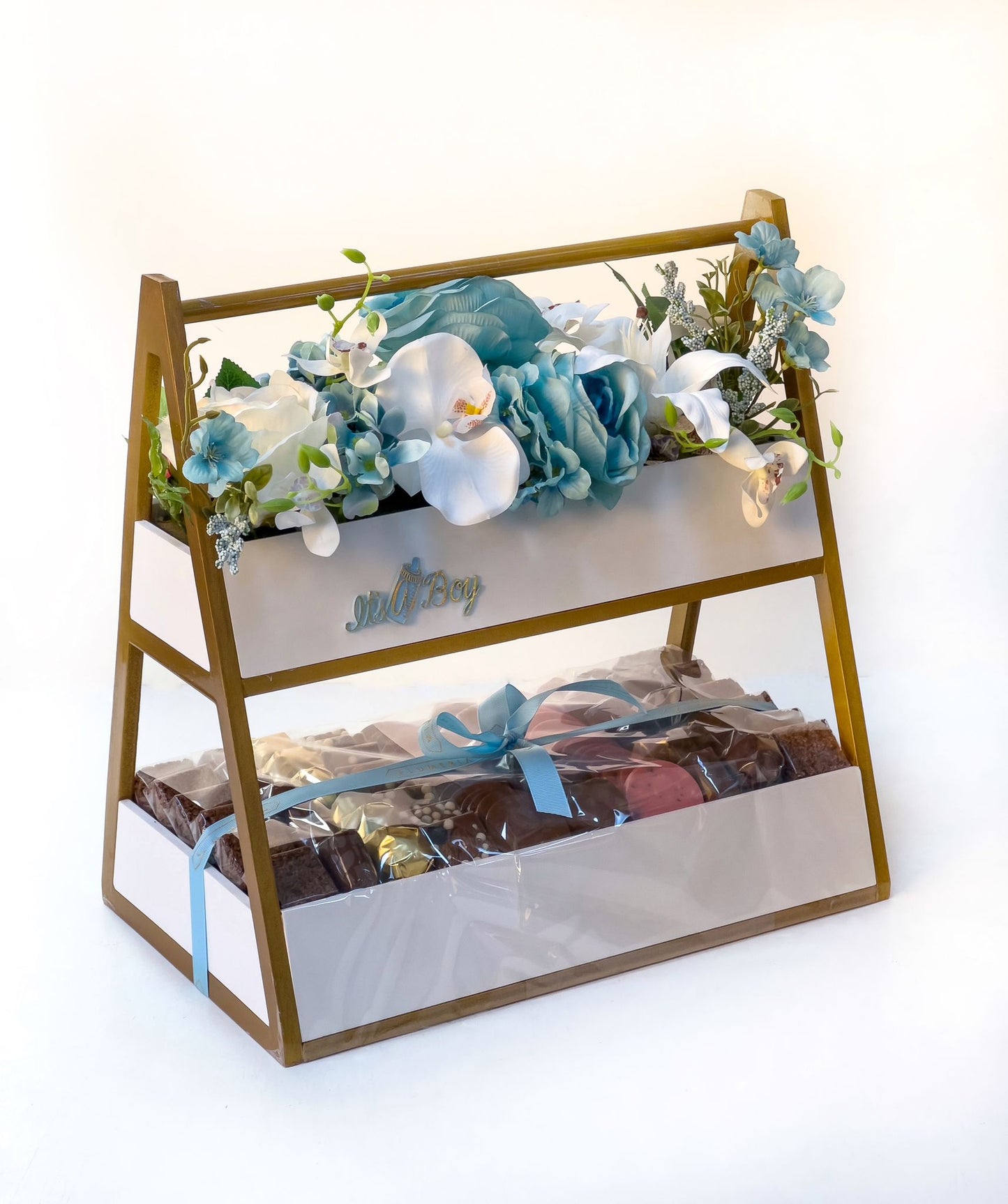 Newborn Baby Boy Gift Box with Artificial Flowers & Chocolate
