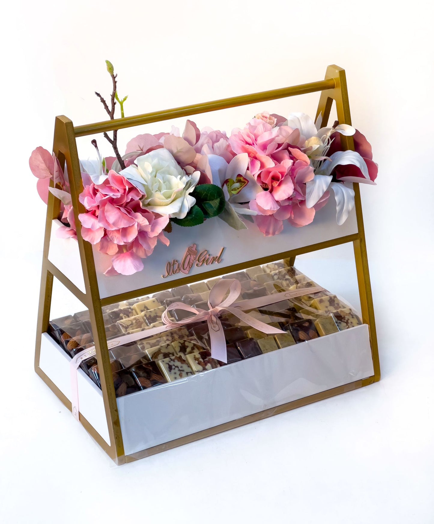 Newborn Baby Girl Gift Box with Artificial Flowers & Chocolate