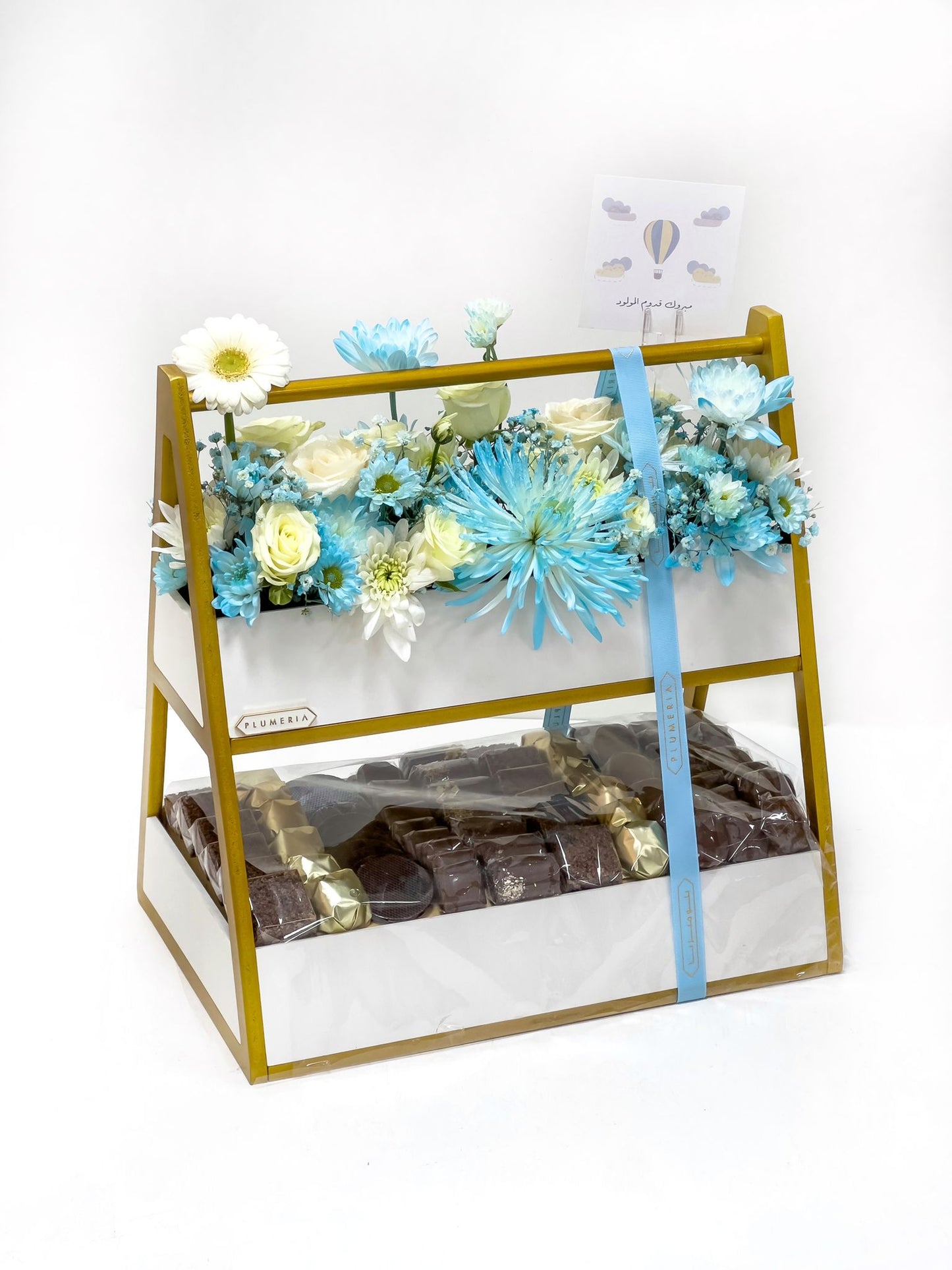 Blue & White Fresh Flower Arrangement with Chocolate – Newborn Gift