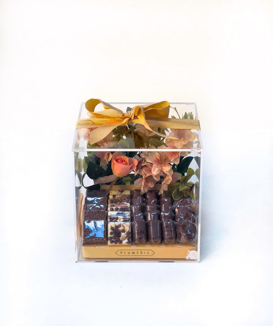 Luxury Acrylic Box with Artificial Floral Arrangement and 500g of Chocolate